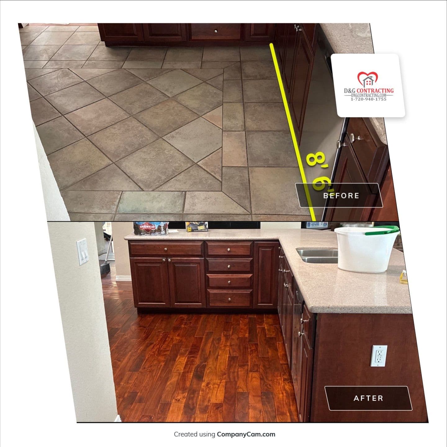 Kitchen Floor Swap - Old Tile Out, Hardwood Look In image